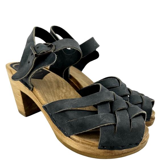 No. 6 Jane Huarache Platform Clog Leather Peep Toe Ankle Strap Midnight Black 6 - Picture 2 of 7